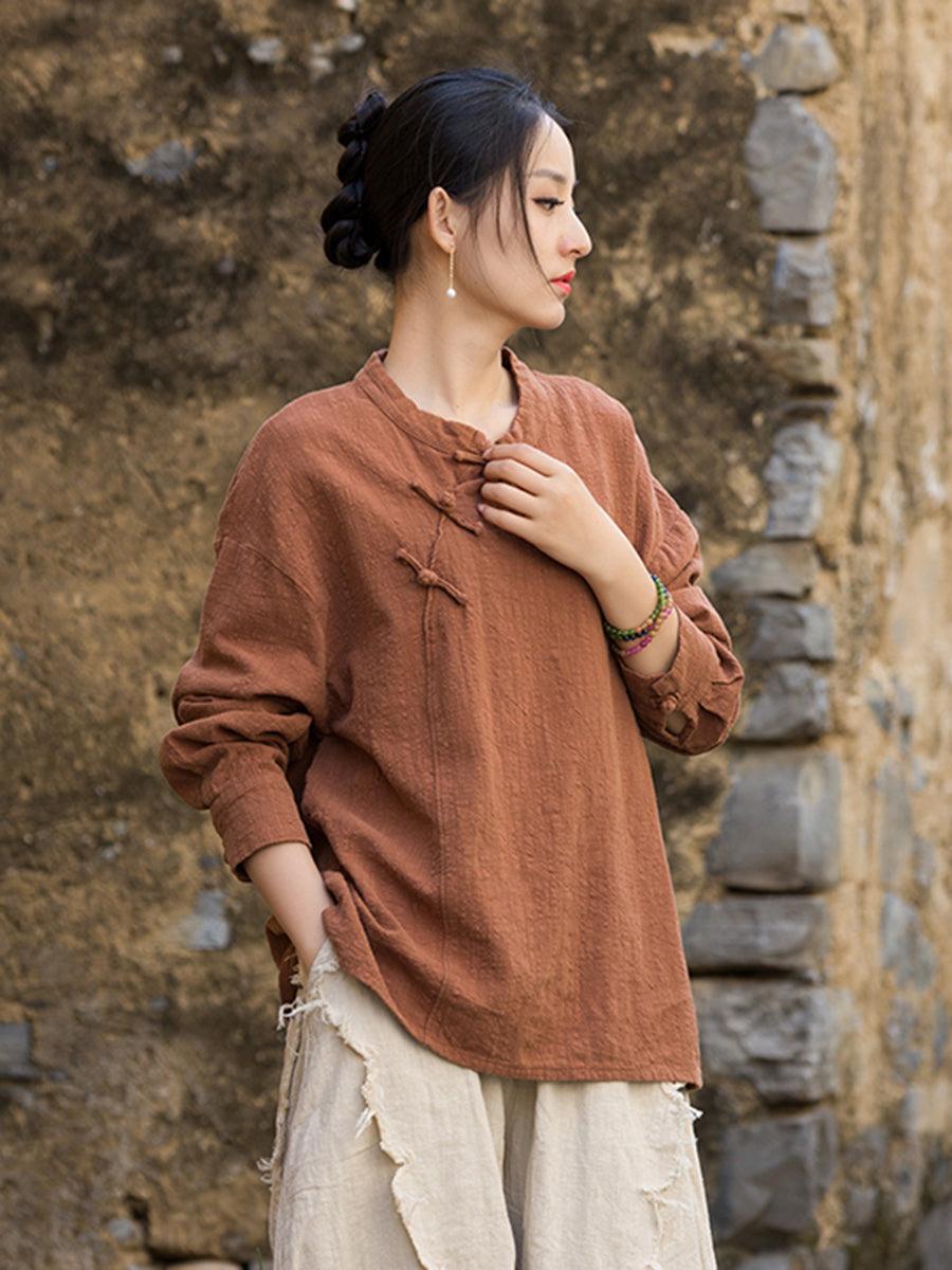 Long Sleeve Standing Collar Cotton Linen Frog Button Shirt, Vintage Chinese Casual Shirt 20250604