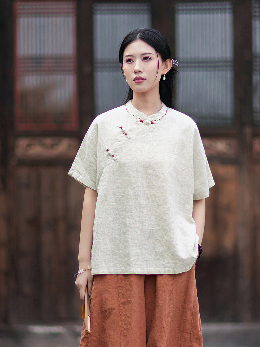 Women's Cotton-Linen Retro Zen-Inspired Stand-Collar Shirt with Stitched Buttonholes and Asymmetrical Hem 20260511