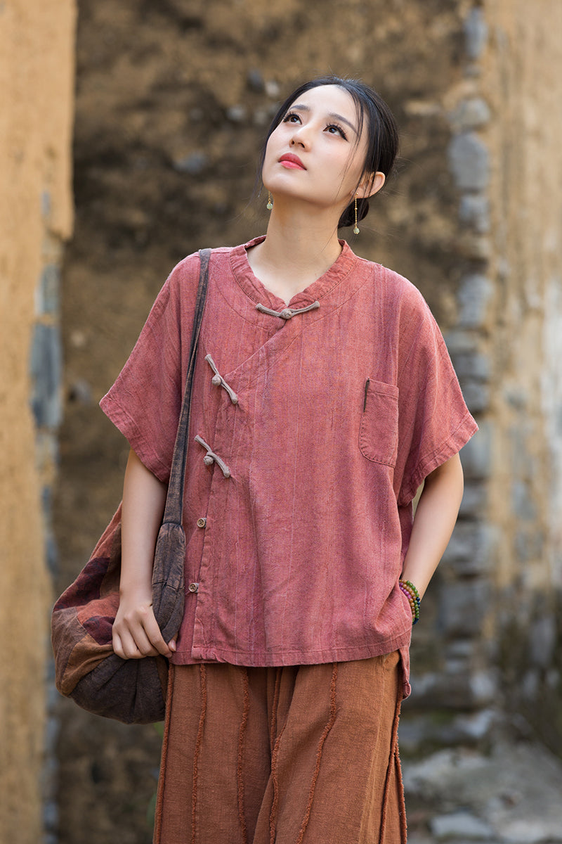 Women's Summer Chinese Short Sleeve Shirt, Vintage Cotton  Linen Casual Frog Button Shirt 20250604