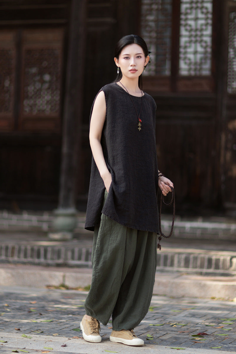 New Vintage-Style Ombré Distressed Versatile Lightweight Sleeveless Dress for Women: Round-Neck Linen Tank Dress 20260511