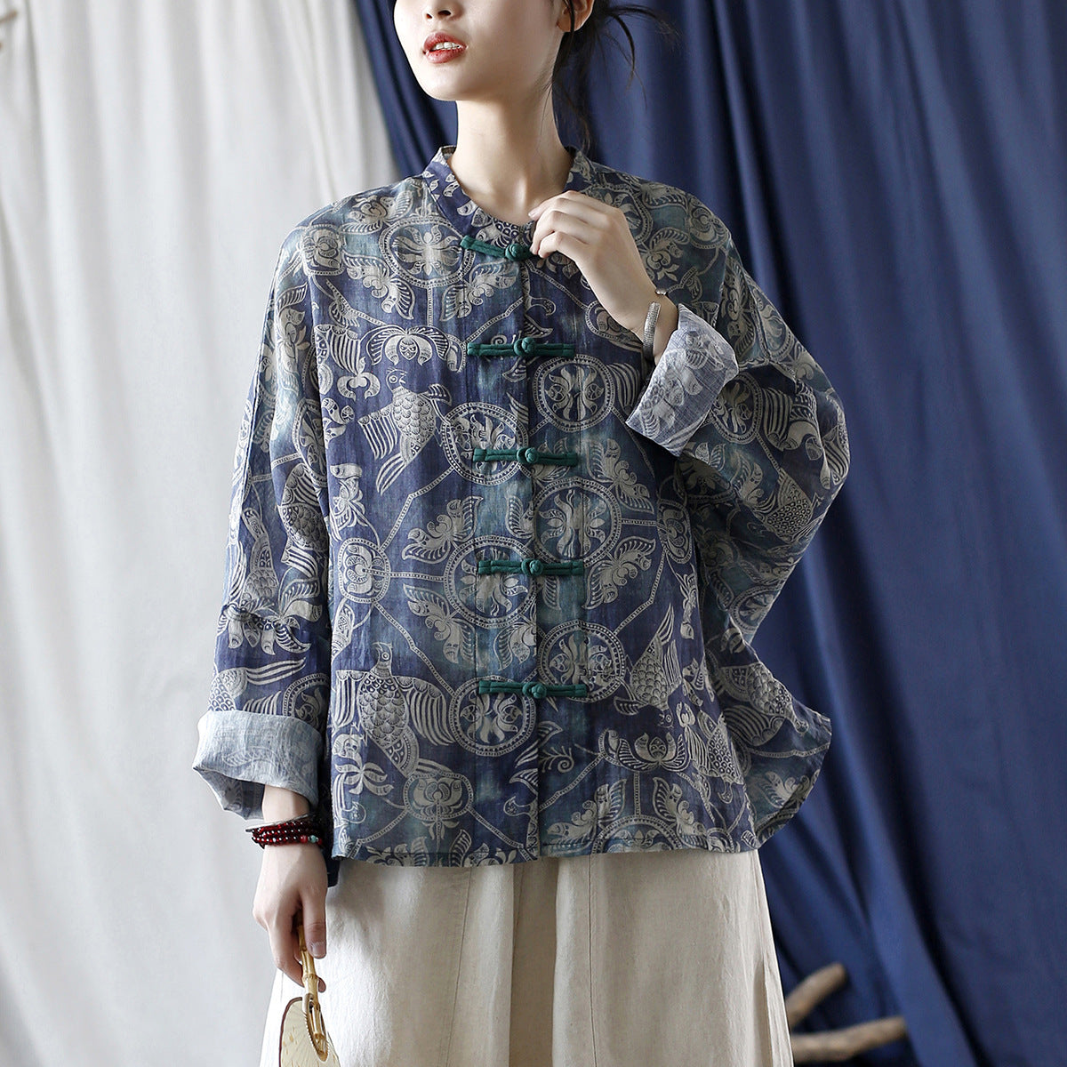 Printed Standing Collar Women Ramie Frog Button Shirt, Summer Vintage Loose Light Cardigan 20240802