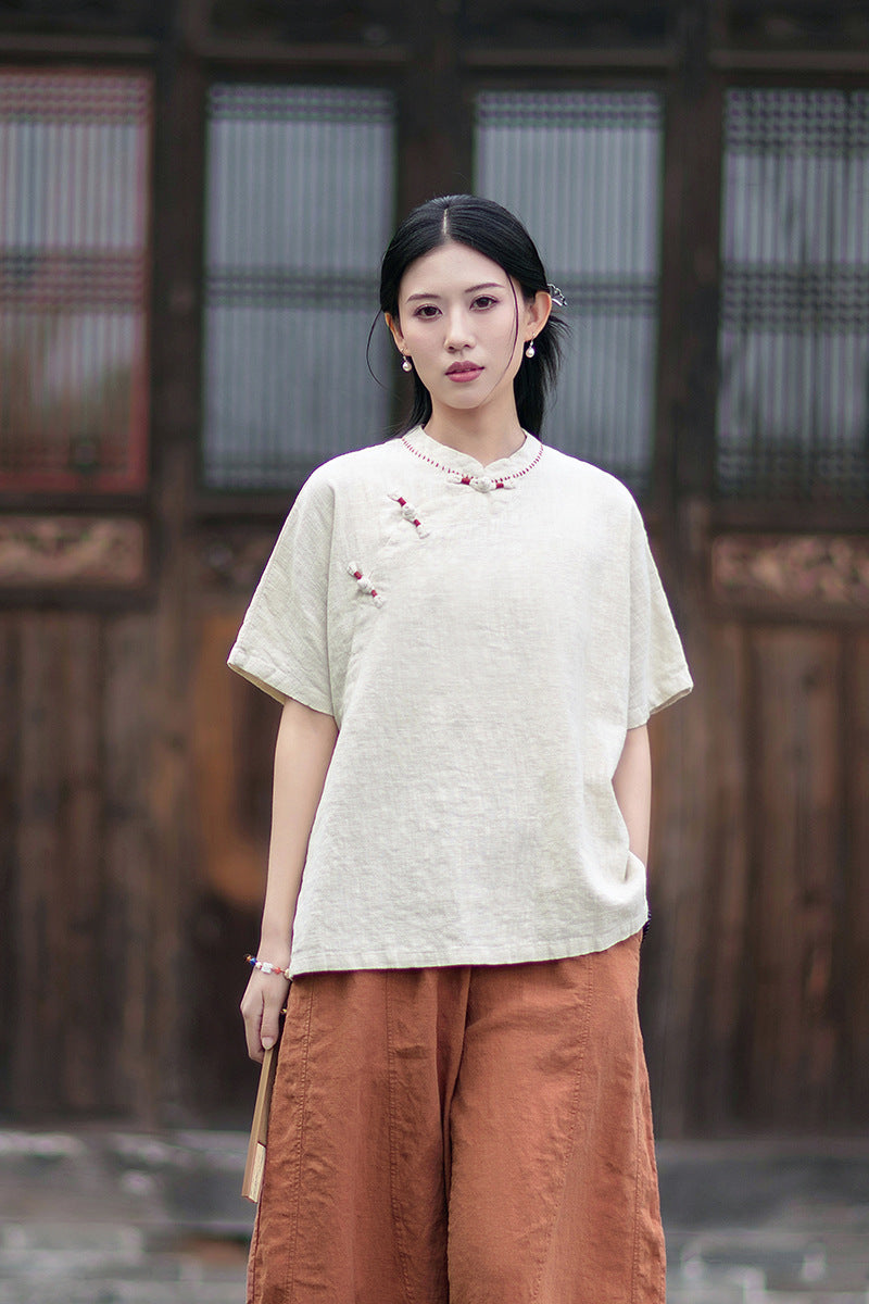 Women's Cotton-Linen Retro Zen-Inspired Stand-Collar Shirt with Stitched Buttonholes and Asymmetrical Hem 20260511
