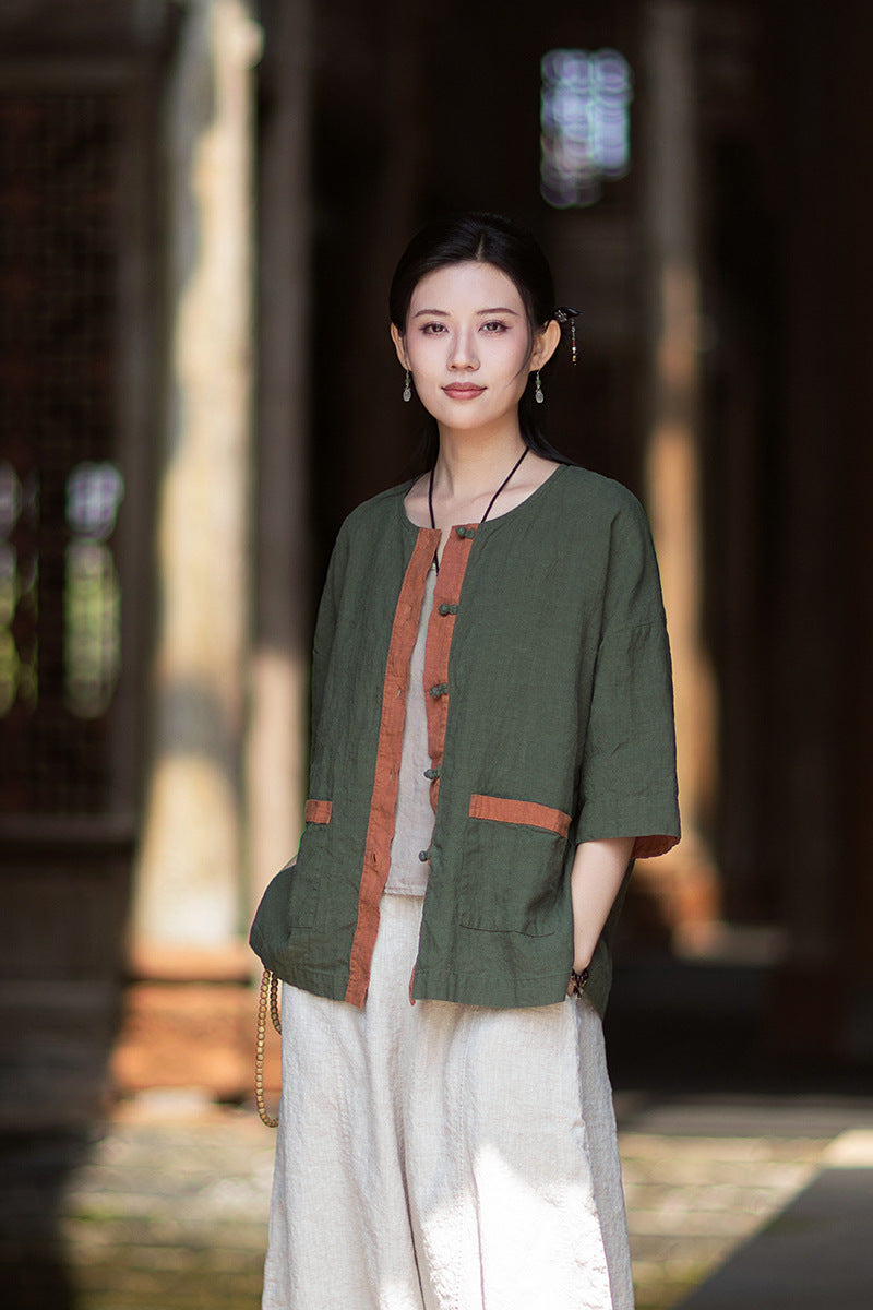 New New Chinese-Style Design: Comfortable, Lightweight Linen Top with Color-Blocked Patchwork and Button-Front Cardigan 20260511