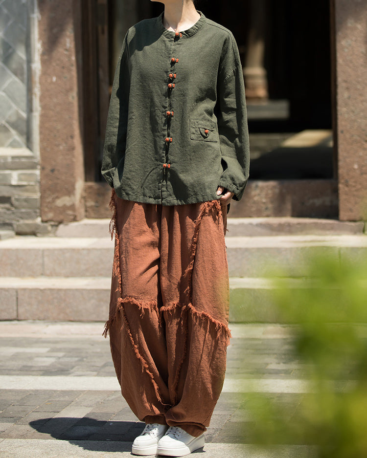 Summer cotton linen Chinese stand-up collar shirt, sandwashed frog button women's long-sleeved shirt 20240714