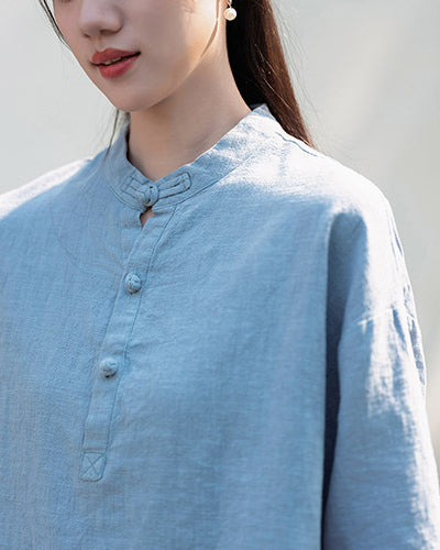 Frog button V-neck cotton  linen T-shirt, summer Chinese retro women sandwashed cotton  linen T-shirt 20240728