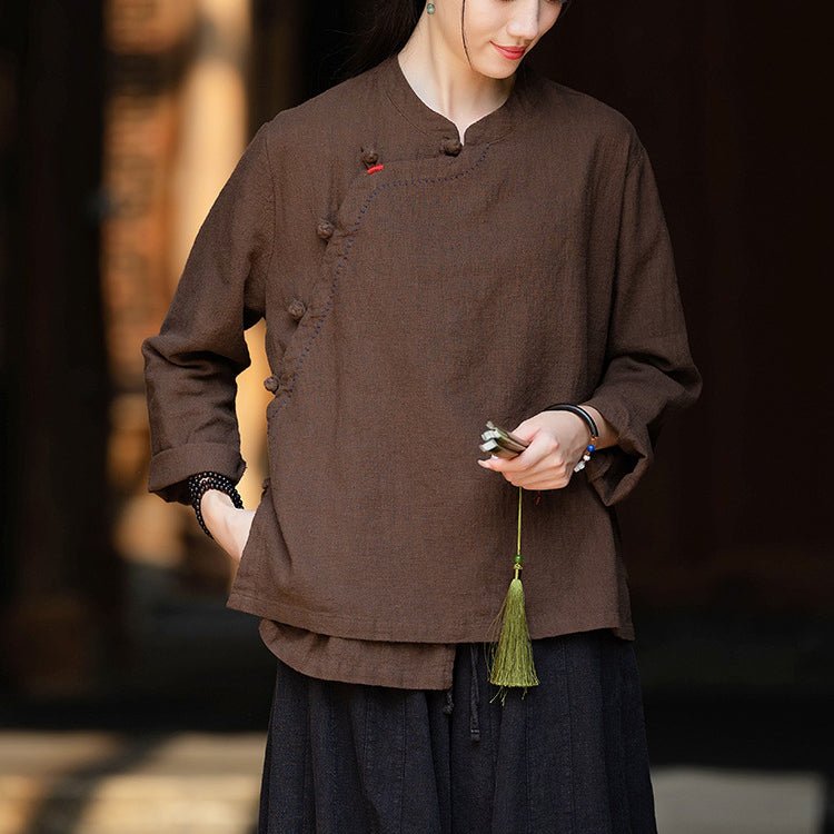 Women's Vintage Chinese Long Sleeve Cotton Linen Shirt with Embroidery Boat Neck Loose Casual Shirt 20240920