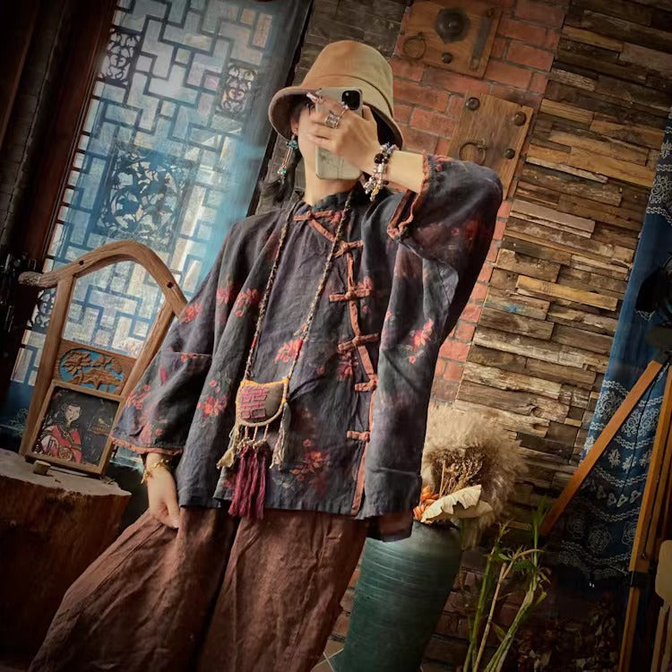 Printed linen  shirt,vintage washed linen shirt,casual linen shirt plus size