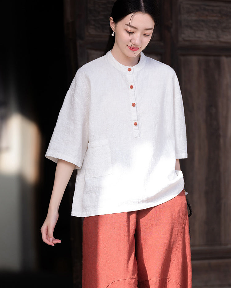 Original cotton  linen women's clothing, summer Chinese retro women's sandwashed cotton T-shirt 20240728