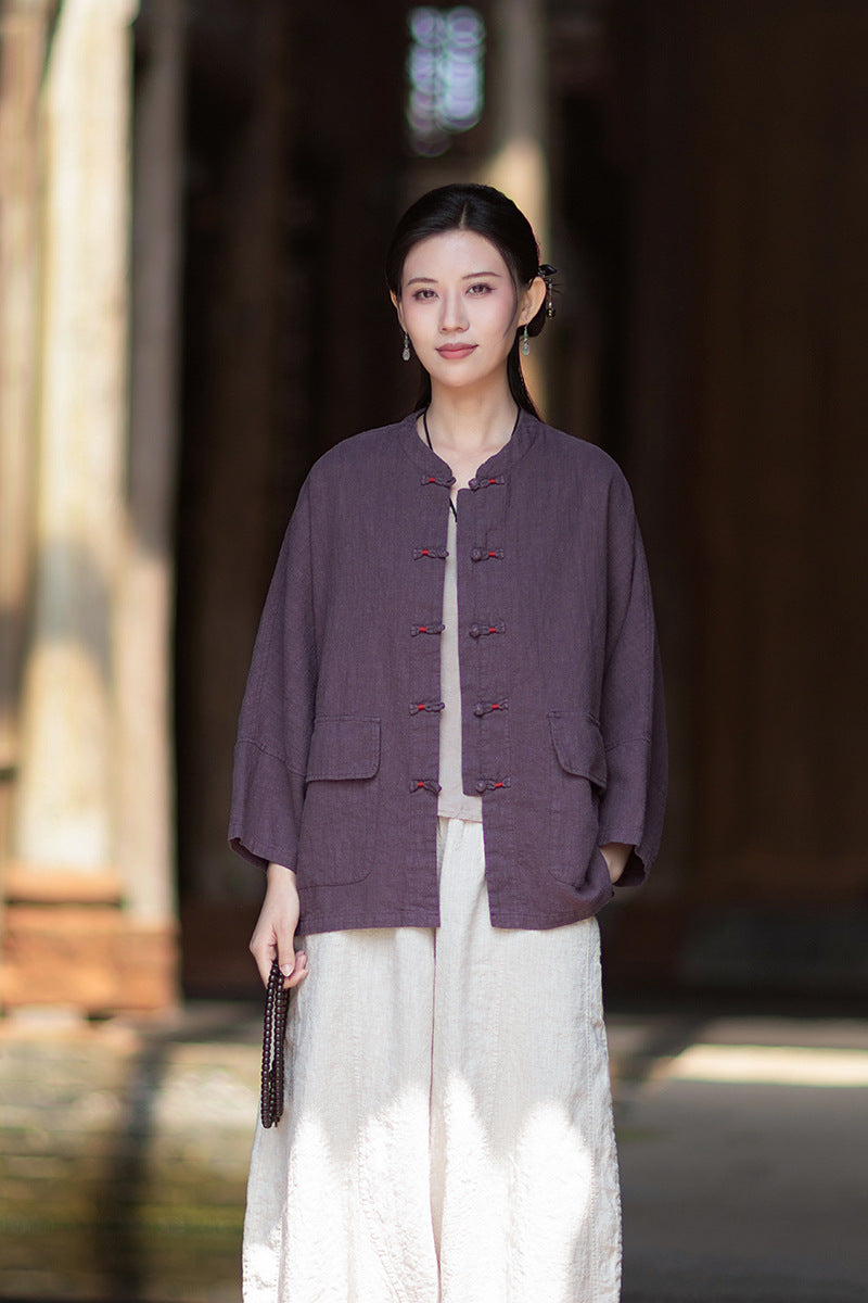 New Chinese-Style Loose-Fit Women's Shirt: Ramie Distressed Mandarin-Collared Modified Tang-Style Cardigan 20260511