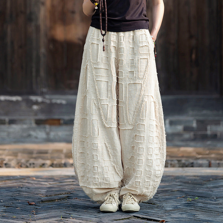 Original personality patchwork natural burlap linen lantern pants personality female wide-legged pants (fall and winter) 20240920