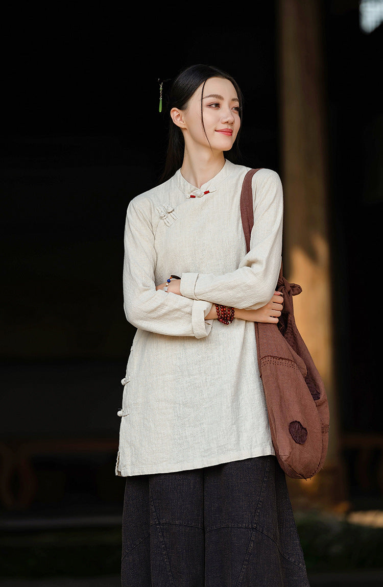 2026 Spring New Arrival: Retro Cotton-Linen Chinese-Style Stand-Collar, Color-Blocked, Button-Fastened, Wrap-Front Blouse for Women – Zen Tea Attire