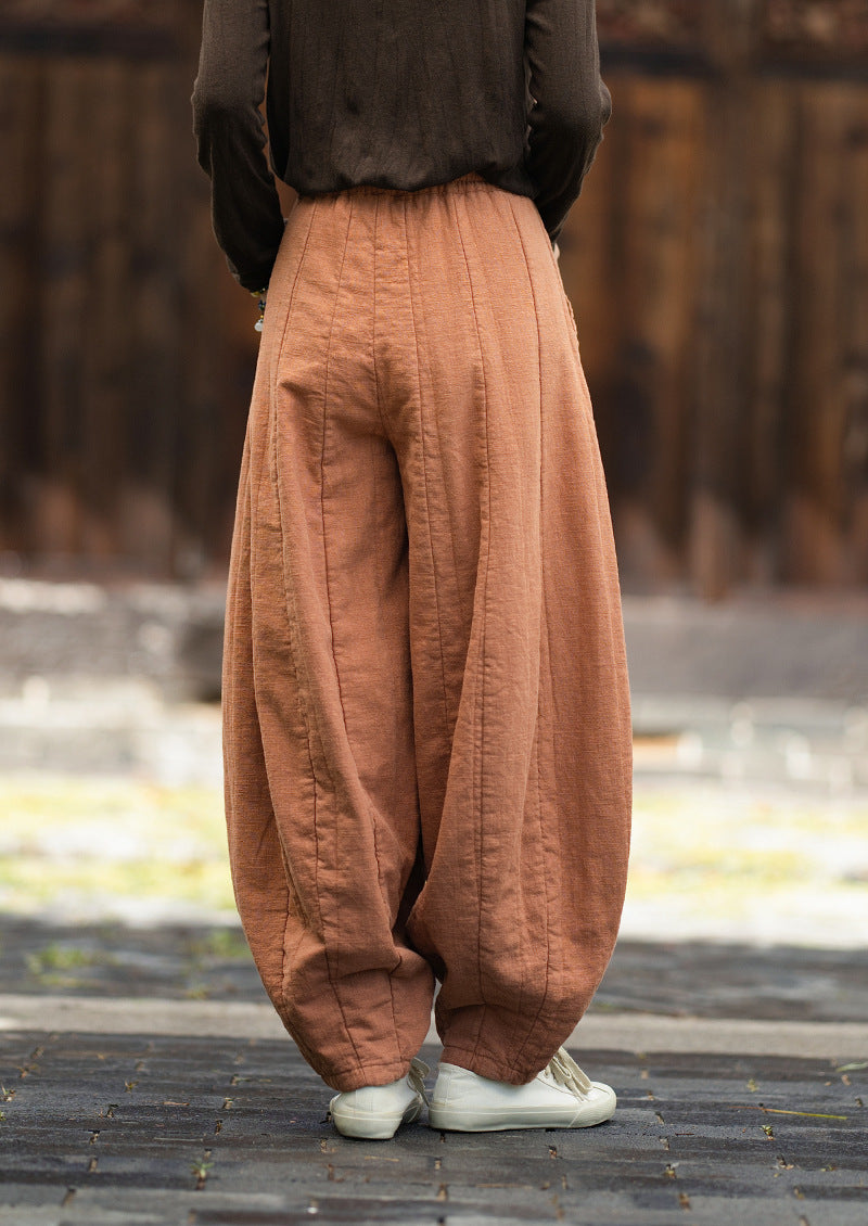 2026 Original New Arrival: Winter Ramie-Cotton Sandwashed Distressed Patchwork Pumpkin-Colored Women's Harem Pants