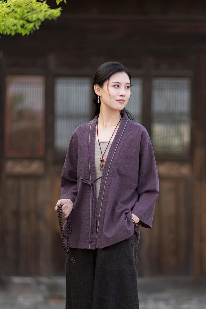 New Cotton-Linen Women's Vintage Zen-Inspired Ramie Tapered-Sleeve Tie-Front Cardigan, Loose-Fit Chinese-Style Jacket 20260511