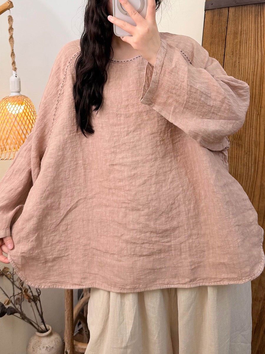 Women's Summer Loose-Fit Casual Linen Blouse with Hand-Embroidery