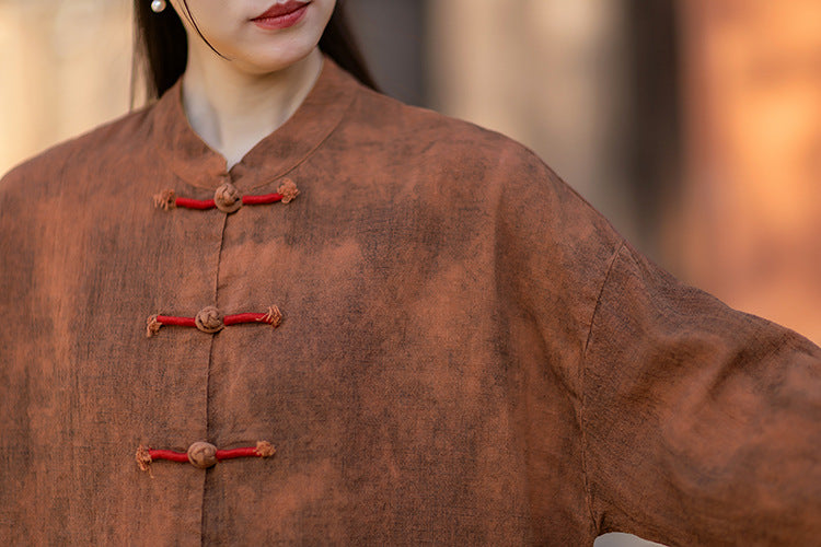 2026 Spring New Arrival: Chinese-Style Retro Double-Breasted Color-Blocked Button-Down Shirt, Women's Modernized Stand-Up Collar Ombre-Dye Tang-Style Cardigan