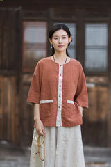 New New Chinese-Style Design: Comfortable, Lightweight Linen Top with Color-Blocked Patchwork and Button-Front Cardigan 20260511