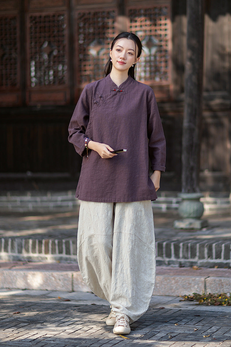 2026 Spring New Arrival: Retro Cotton-Linen Chinese-Style Stand-Collar, Color-Blocked, Button-Fastened, Wrap-Front Blouse for Women – Zen Tea Attire