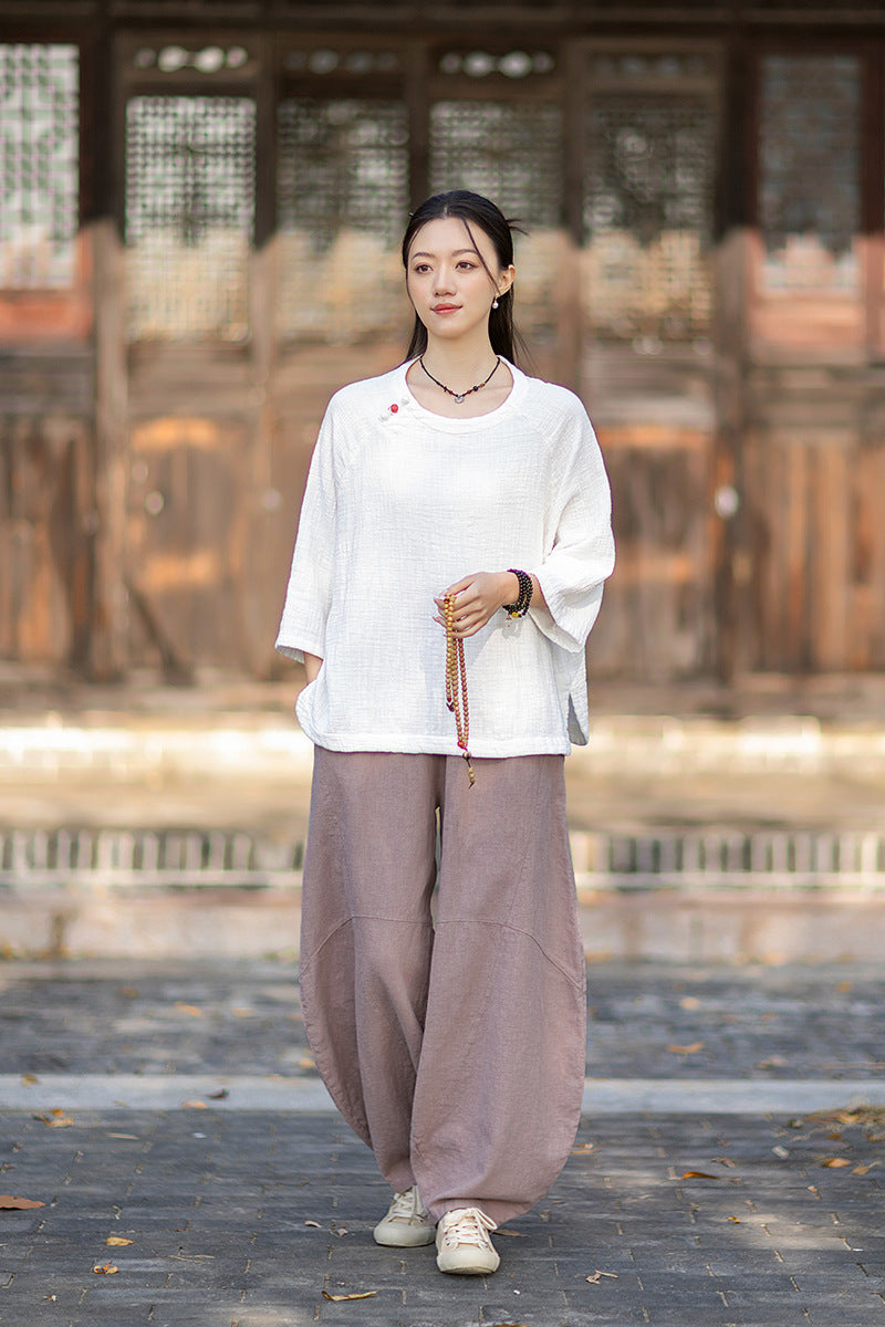 2026 Spring New Arrival: Retro-Chic Cotton-Linen Women's Round-Neck Color-Blocked Button-Down Blouse, Pullover T-Shirt