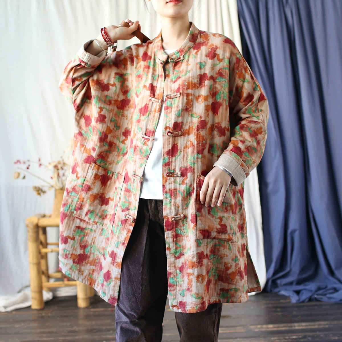 Vintage Chinese Standing Collar Loose Frog Button Shirt, Oversize Printed Cotton  Linen Jacket 20250408