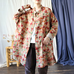 Vintage Chinese Standing Collar Loose Frog Button Shirt, Oversize Printed Cotton  Linen Jacket 20250408