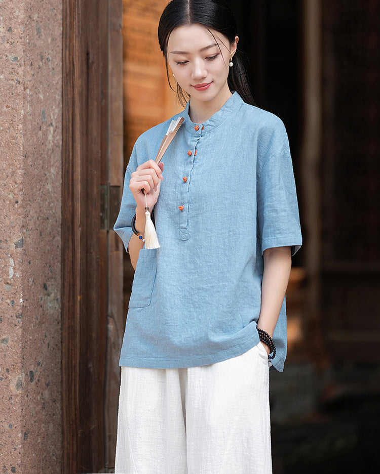 Original cotton  linen women's clothing, summer Chinese retro women's sandwashed cotton T-shirt 20240728