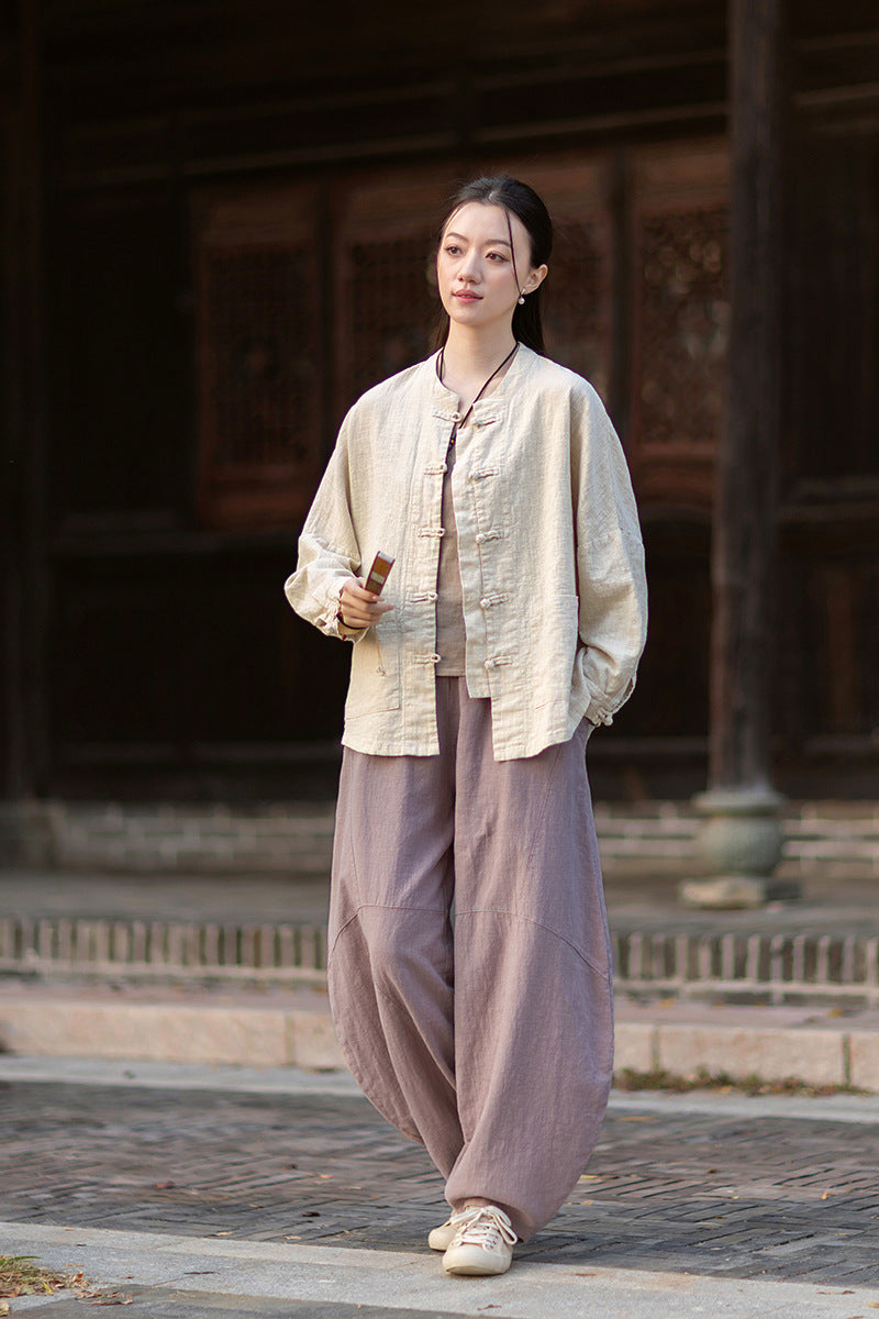 2026 New Arrival: Women's Long-Sleeve Cotton-Linen Blouse, Loose-Fit Chinese-Style Stand-Up Collar with Button-Down Front