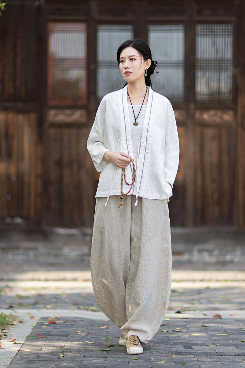 New Cotton-Linen Women's Vintage Zen-Inspired Ramie Tapered-Sleeve Tie-Front Cardigan, Loose-Fit Chinese-Style Jacket 20260511