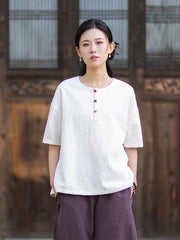 Round-Neck Chinese-Style Blouse: New Summer Style, Retro-Chic, Stitched Color-Blocking, Button-Front Short-Sleeve T-Shirt 20260511