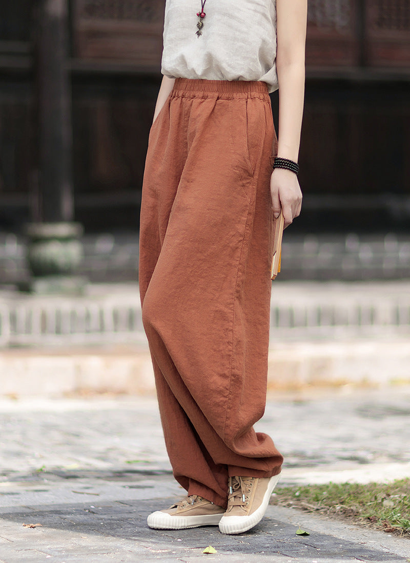 Summer Loose-Fit Zen-Inspired Boho Retro Elastic Waist Slimming Drapey Casual Pants Linen Bell-Bottom Pants 20260511