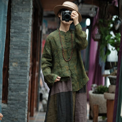 Green Printed Linen Shirt, Summer Linen Shirt, Vintage Chinese Loose Casual Shirt