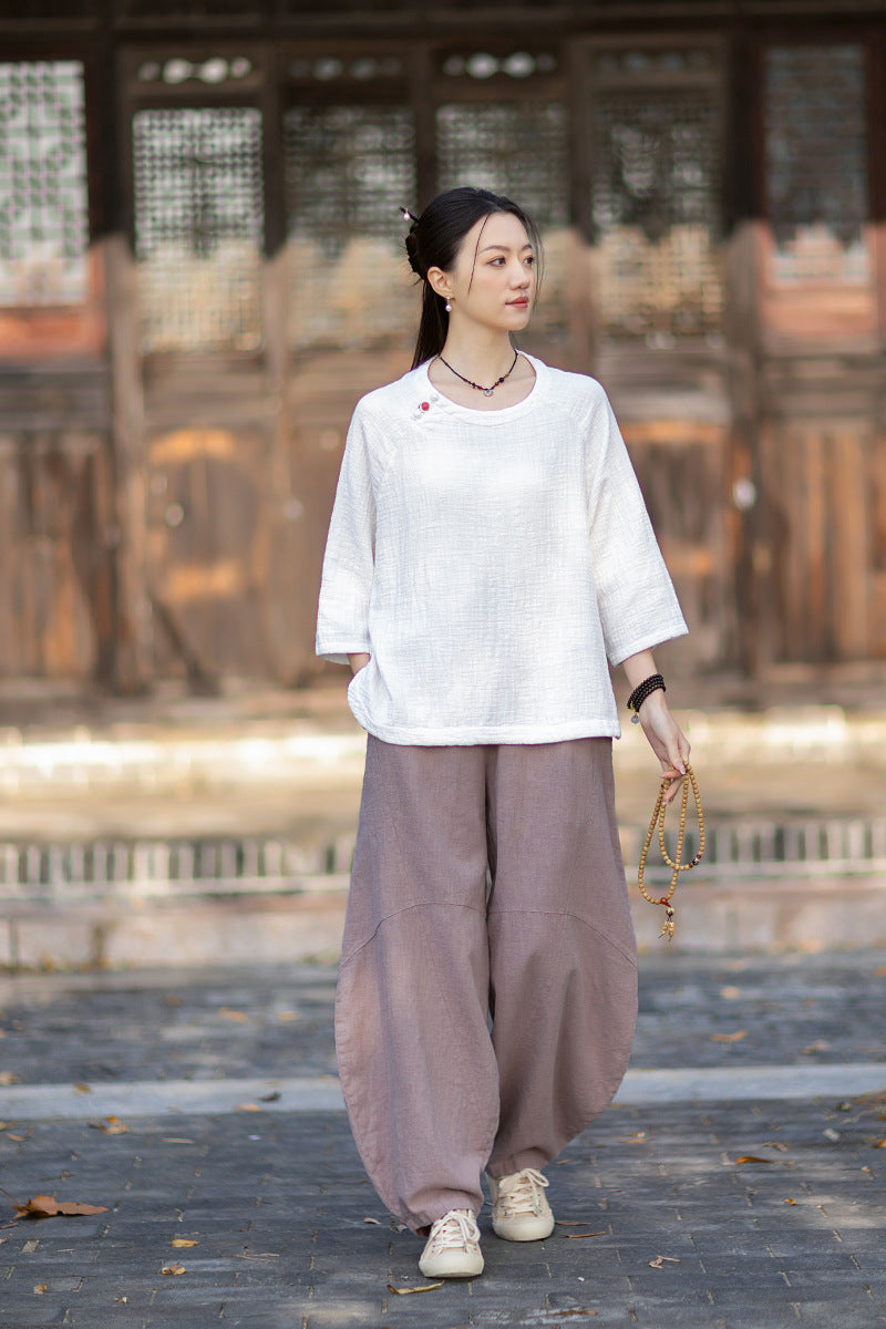 2026 Spring New Arrival: Retro-Chic Cotton-Linen Women's Round-Neck Color-Blocked Button-Down Blouse, Pullover T-Shirt