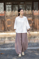 2026 Spring New Arrival: Retro-Chic Cotton-Linen Women's Round-Neck Color-Blocked Button-Down Blouse, Pullover T-Shirt
