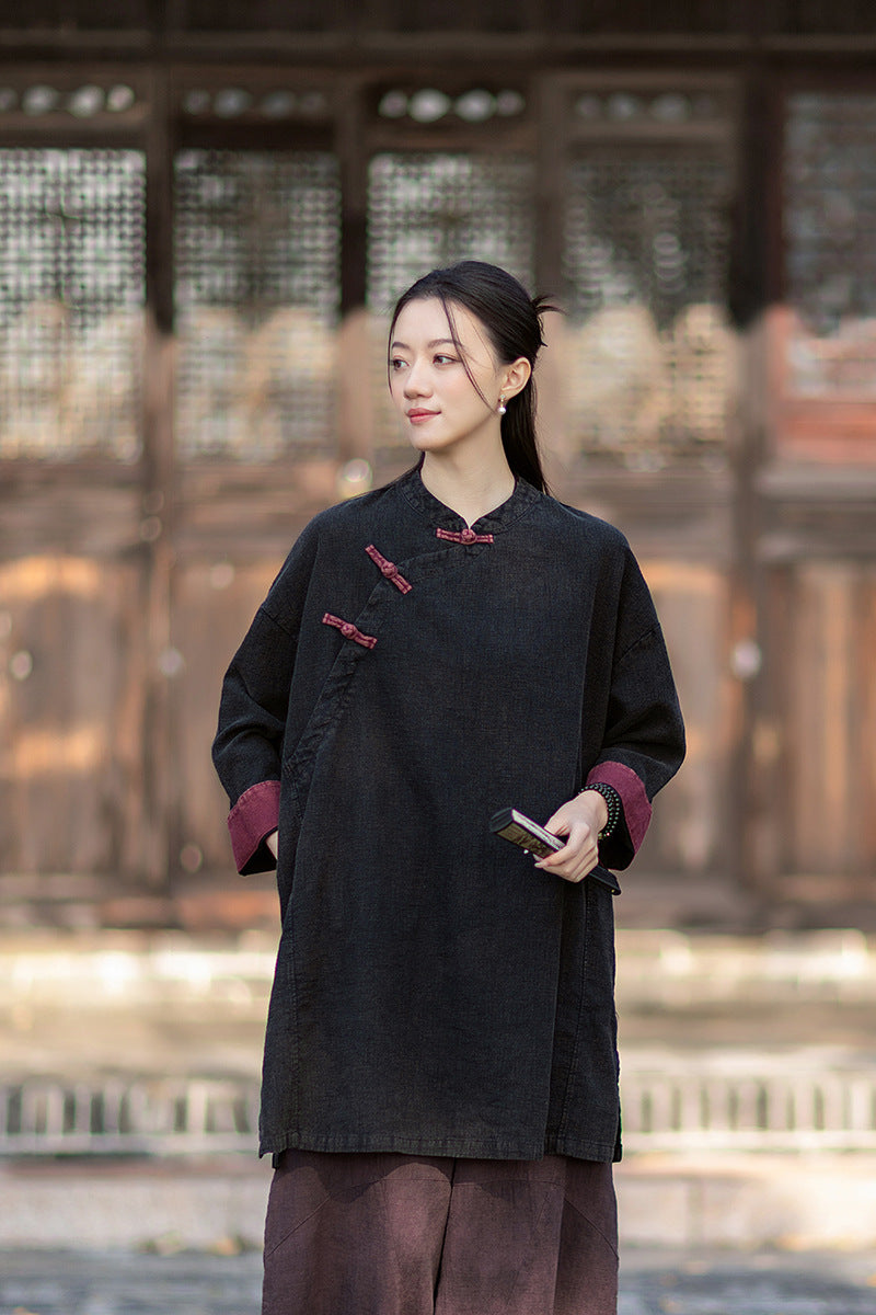 2026 Spring New Arrival: Retro Cotton-Linen Chinese-Style Stand-Collar, Color-Blocked, Button-Fastened, Wrap-Front Blouse for Women – Zen Tea Attire
