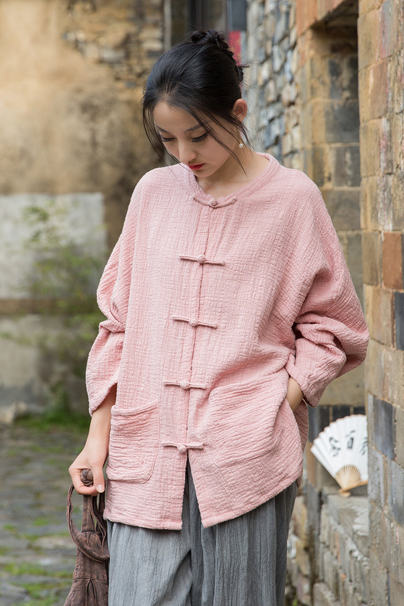 Summer Chinese loose cardigan, cotton linen washed frog long shirt 20250604
