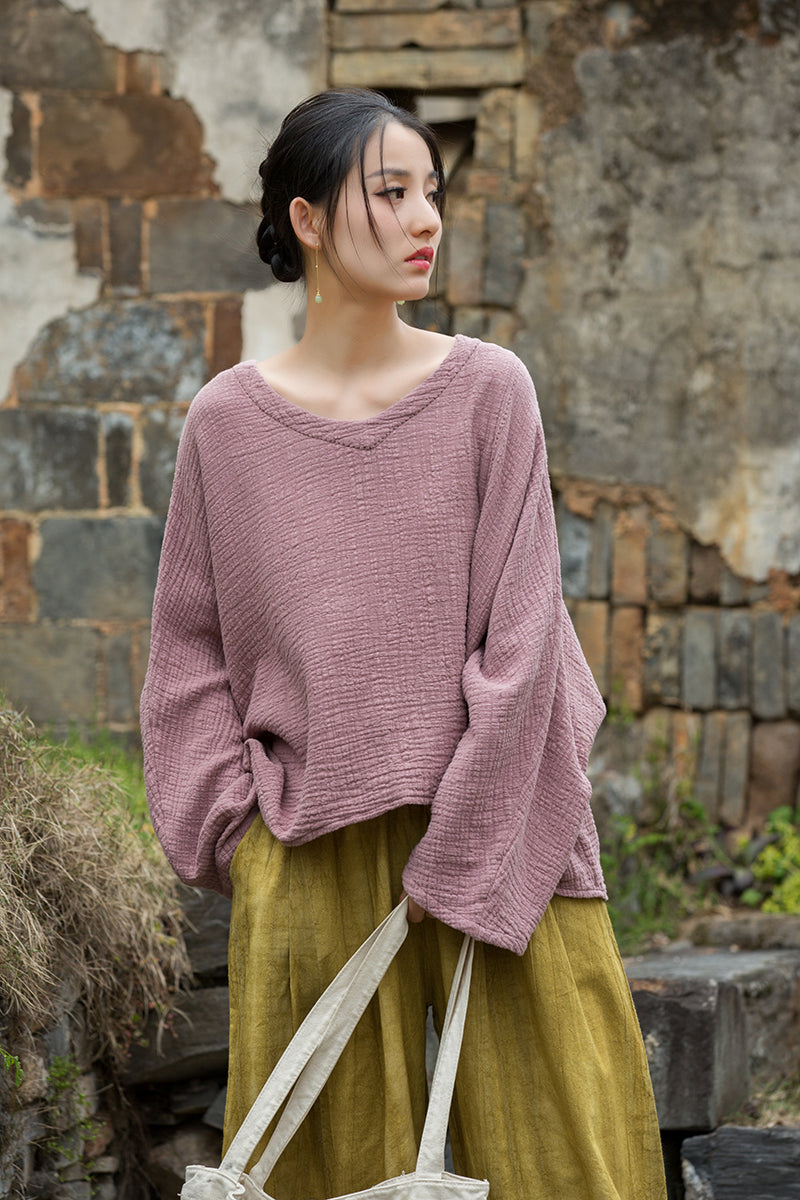 Vintage Summer Chinese Boat Collar Long Sleeve Shirt, Cotton  Linen Washed Frog Long T-Shirt 20250604