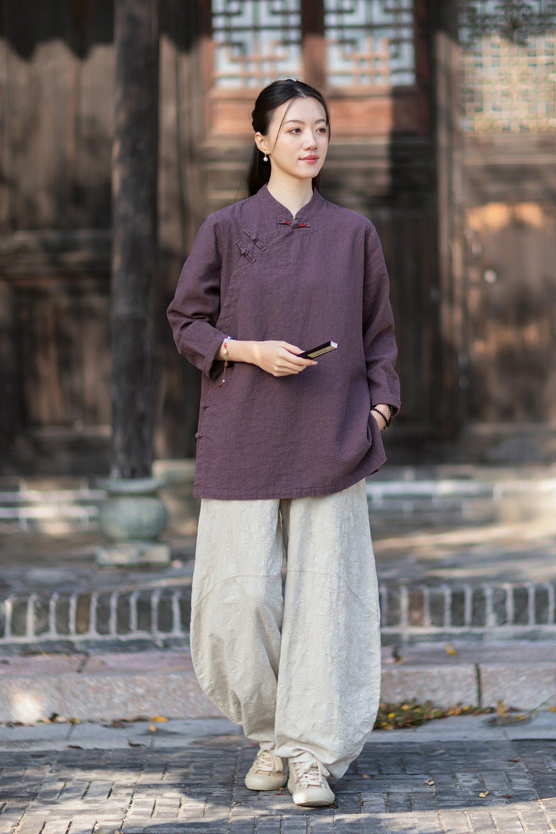 2026 Spring New Arrival: Retro Cotton-Linen Chinese-Style Stand-Collar, Color-Blocked, Button-Fastened, Wrap-Front Blouse for Women – Zen Tea Attire