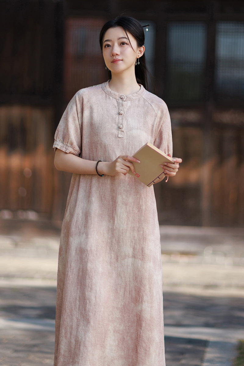 2026 Summer Ramie New Chinese-Style Modified Maxi Dress, French-Style Puffed-Sleeve Maxi Dress