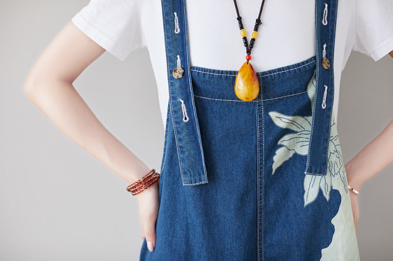 Patchwork print floral stonewashed cotton overalls, women's denim washed overalls