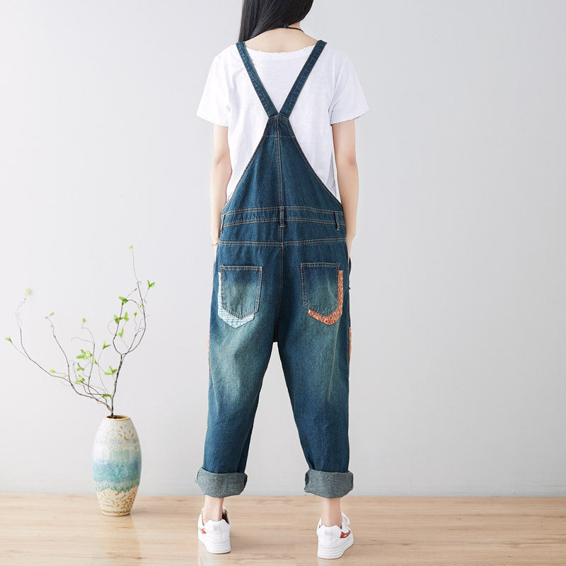 Patchwork stonewashed cotton overalls, women's denim washed overalls