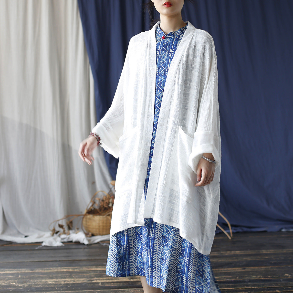 Loose Summer Solid Color Cotton  Linen Jacket ， White Cotton  Linen Kimono 20240803