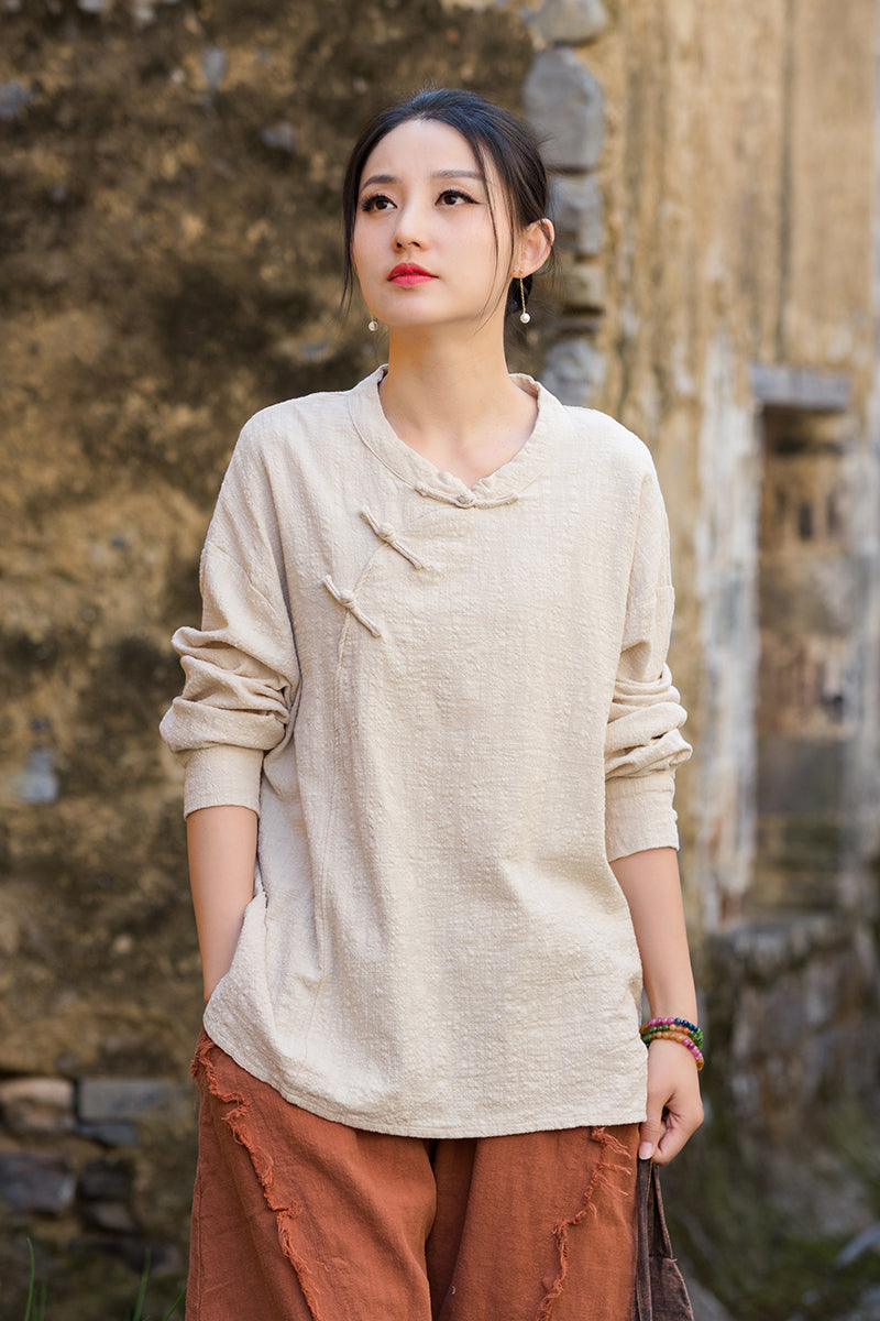 Long Sleeve Standing Collar Cotton Linen Frog Button Shirt, Vintage Chinese Casual Shirt 20250604