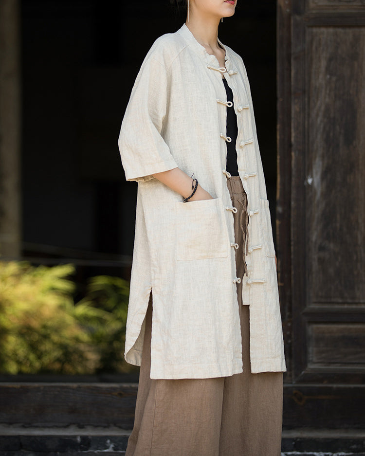 Chinese Style Frog Button Ramie Cotton Lapel Cheongsam Collar Mid-Length Shirt,Loose Cotton Linen shirt dress 20240714