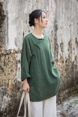 Vintage Summer Chinese Boat Collar Long Sleeve Shirt, Cotton  Linen Washed Frog Long T-Shirt 20250604