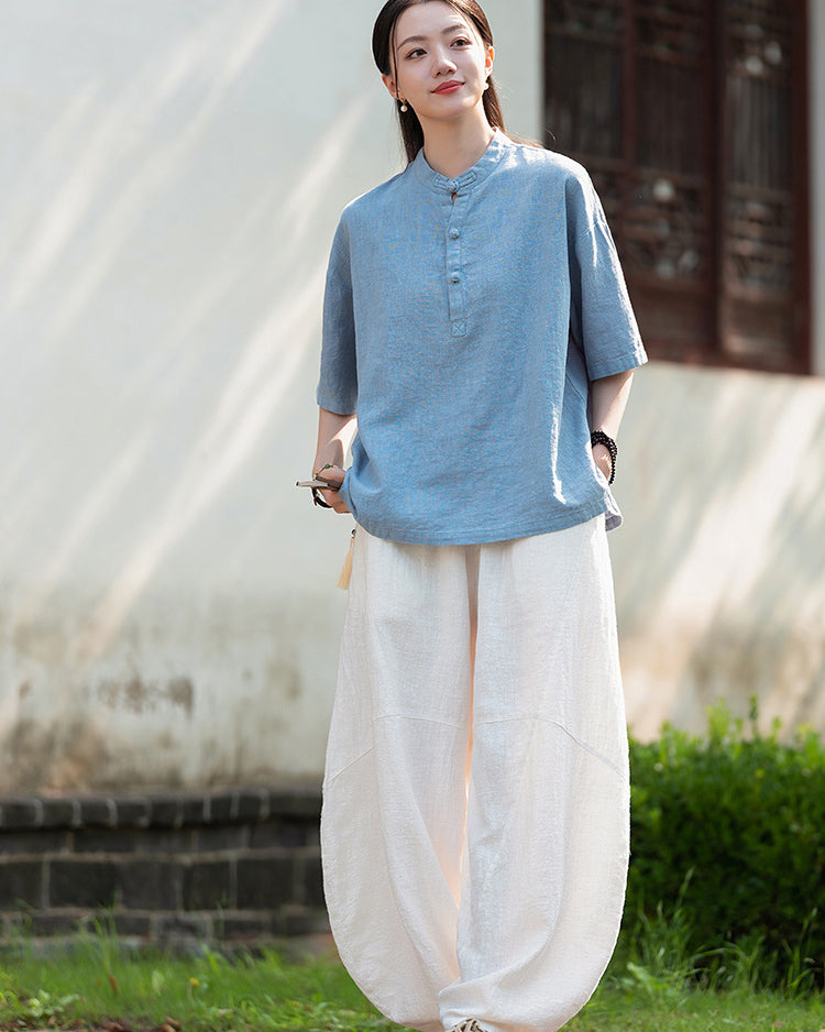 Frog button V-neck cotton  linen T-shirt, summer Chinese retro women sandwashed cotton  linen T-shirt 20240728