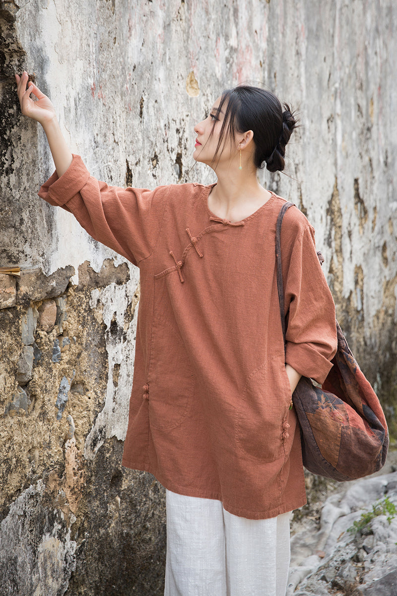 Vintage Summer Chinese Boat Collar Long Sleeve Shirt, Cotton  Linen Washed Frog Long T-Shirt 20250604