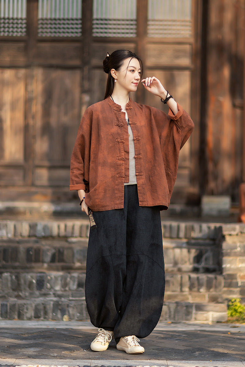2026 Spring New Arrival: Original Cotton-Ramie Shirt for Women, Vintage Stand-Up Collar Ombré Chinese-Style Wrap-Front Cardigan