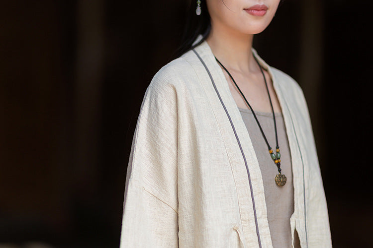 New Cotton-Linen Women's Vintage Zen-Inspired Ramie Tapered-Sleeve Tie-Front Cardigan, Loose-Fit Chinese-Style Jacket 20260511