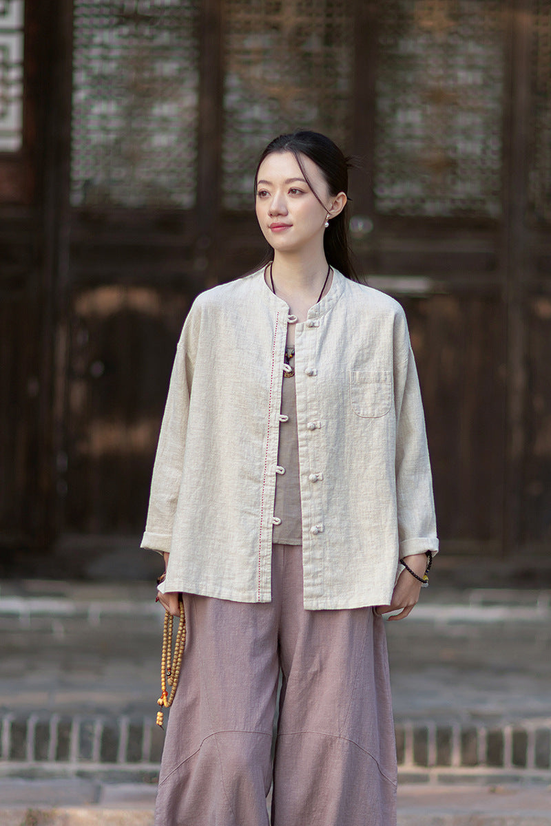2026 Spring Cotton-Linen Women's New Chinese-Style Ramie Blouse, Loose-Fitting Cotton-Linen Button-Down Shirt with Chinese-Style Buttons, Modernized Tang-Style Jacket