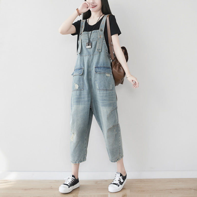 Cotton overalls, women's denim overalls, stonewashed loose overalls