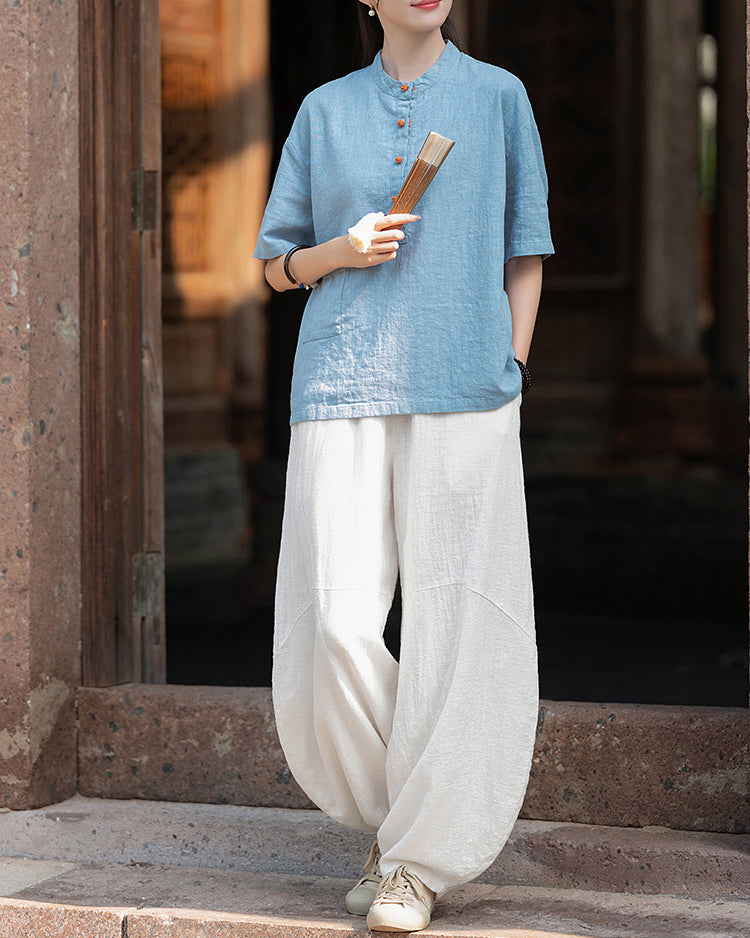 Original cotton  linen women's clothing, summer Chinese retro women's sandwashed cotton T-shirt 20240728